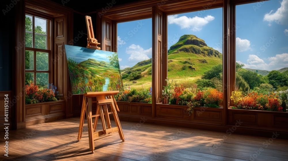 Aufkleber breathtaking mountain view framed by a window creating a serene and peaceful scene with nature's spl