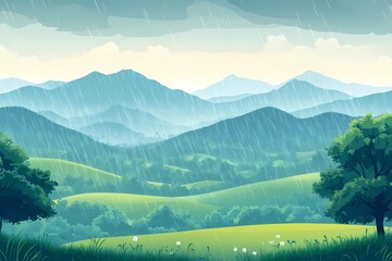 Scenic Mountain Landscape with Lush Greenery and Vibrant Clouds - Eco-Friendly Digital Art Illustration