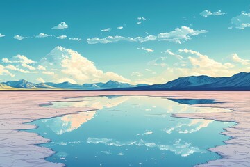 Serene Reflection on Salt Flats: Panoramic Mountain Landscape with Vibrant Sunset Hues