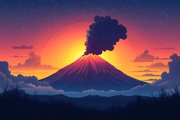Explosive Eruption at Sunset: Majestic Volcano Silhouette with Fiery Sky and Vibrant Colors - Stunning Natural Landscape Illustration