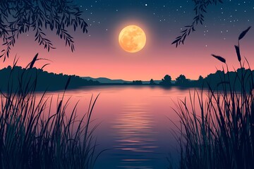 Moonlit Nightscape: Tranquil River Reflection Digital Art with Starry Sky and Vibrant Blooms