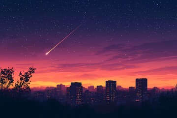 Tranquil Night Sky with Shooting Star over Urban Landscape: A Digital Art Exploration of Skyline at Dusk with Twilight Colors and Vibrant City Silhouettes