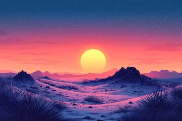 Digital Art Masterpiece: Serene Desert Sunset with Silhouette Mountains and Orange Sky