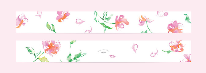  水彩画。水彩タッチのベクターピンクの花イラスト。草木のベクターイラスト。花の切り取りセット。Watercolor painting. Vector pink flower illustration with watercolor touch. Vector illustration of plants and trees. Flower cutout set.