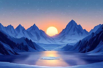 Scenic Mountain Sunset Reflections: A Tranquil Wilderness Digital Painting