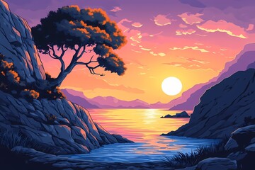 Colorful Sunset Landscape: Tranquil Nature Scenery with Vibrant Sky Reflection Over Serene Lake