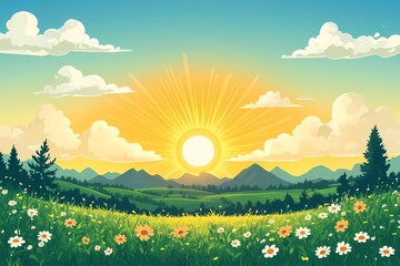 Tranquil Sunrise Over Vibrant Spring Meadow: Digital Art Landscape with Blooming Wildflowers and Mountain Views