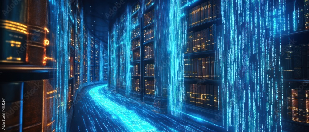 Poster futuristic library with glowing data streams and shelves