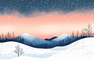Tranquil Winter Snowfall: Majestic Mountain Landscape with Evening Pink and Blue Sky