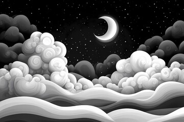 Enchanted Monochrome Moonlit Sky: Atmospheric & Whimsical Night Imagery in Grayscale