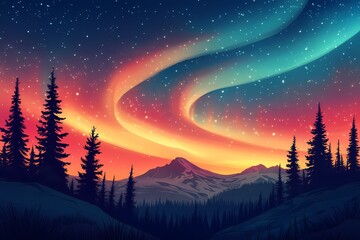 Ethereal Northern Lights Over Majestic Mountains: Scenic View of Celestial Display in Tranquil Wilderness Landscape