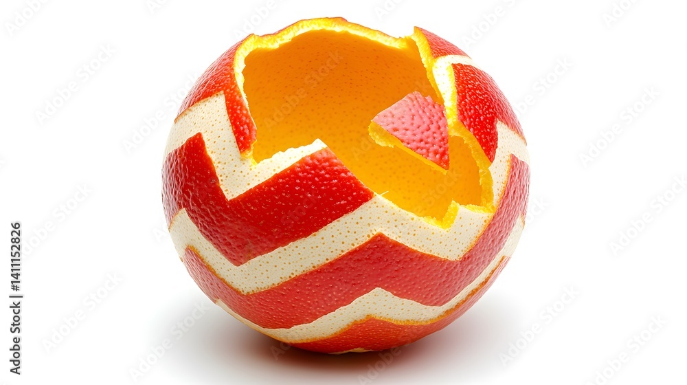 Poster a partially peeled orange with a zig-zag pattern on its rind.