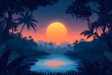 Sunset Reflections: Vibrant Tropical River Landscape with Silhouetted Palms and Colorful Sky - Serene Nature Scene for Peaceful Getaway