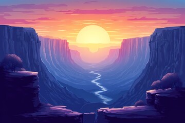 Vibrant Sunset Over Canyon River: A Tranquil Digital Art Panorama with Mystical Sky & Scenic Wilderness