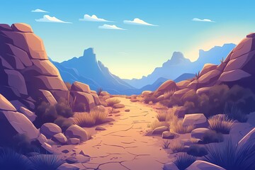 Stunning Digital Art of Arid Wilderness Pathway in Vibrant Sunset Colors - Desert Mountain Range Landscape Illustration