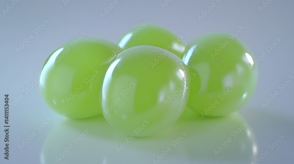 Poster close-up of five glossy, light green spheres resembling grapes, arranged in a cluster on a reflectiv