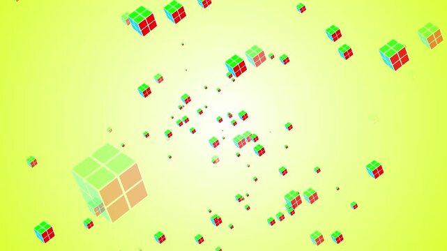 3d animation Glowing cube with colorful sides floating in digital imagination space colored background