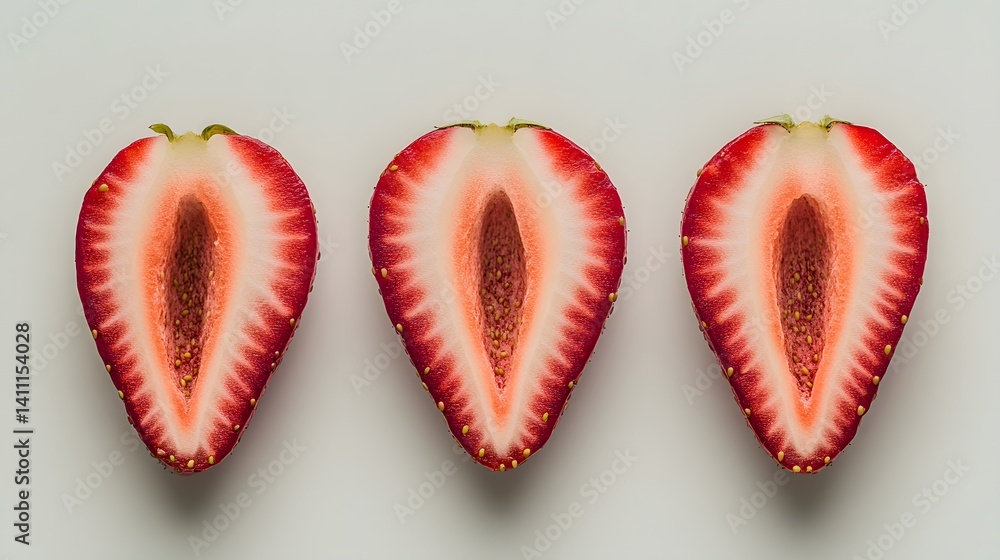 Poster Three halved strawberries arranged in a row on a white background.  The image showcases the vibrant red color and detailed texture of the fruit.