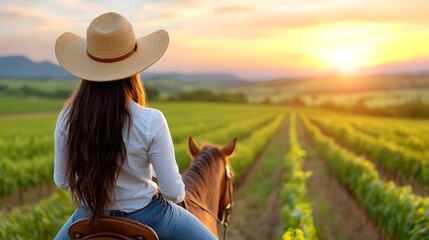 A woman riding a horse through a vineyard.