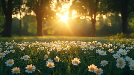 Obraz premium A field of daisies under a bright sun with trees in the background creating a peaceful atmosphere