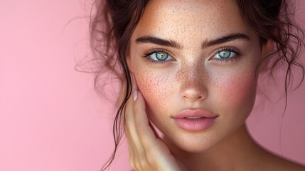 Naklejka premium Close up portrait of a woman with freckles and blue eyes against a pink background touching her face