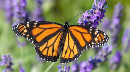 Naklejka premium Monarch butterfly lavender garden pollination nature