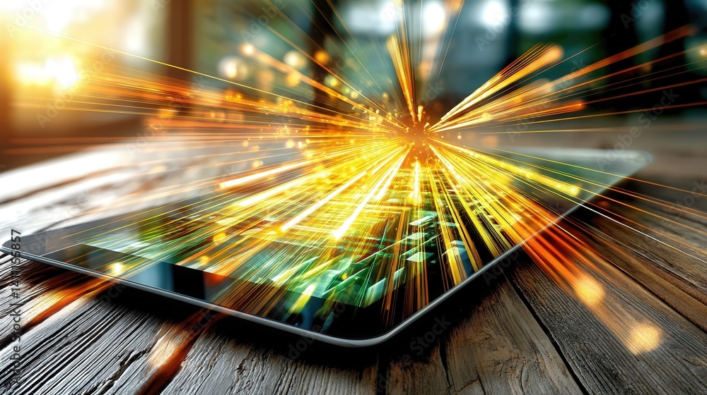 Poster sleek tablet on a wooden desk with a burst of light creating a dynamic visual experience in a cozy a
