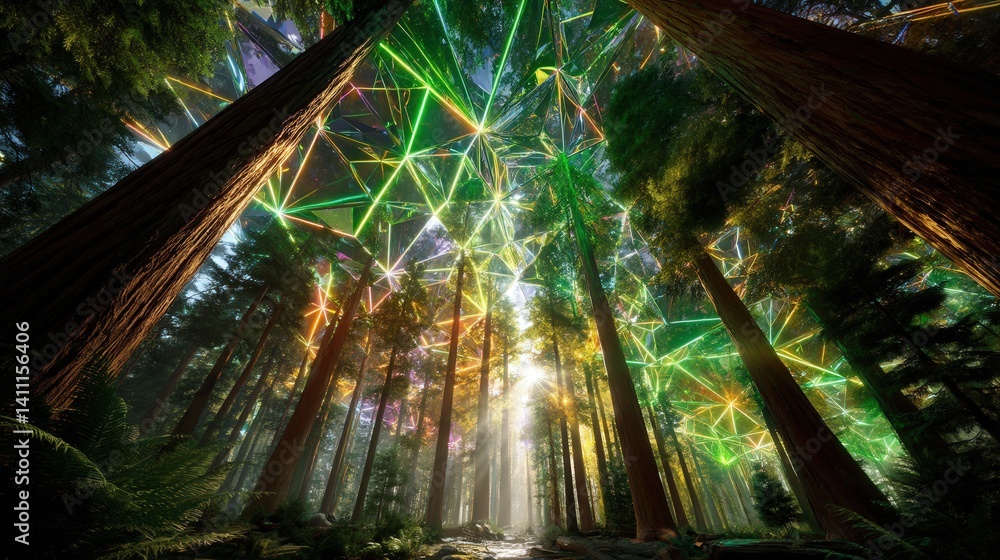 Aufkleber enchanting forest path illuminated by a mystical light trail creating a surreal and dreamlike atmosp