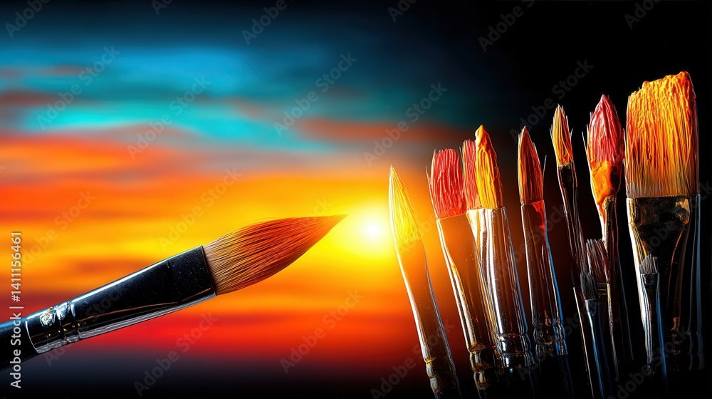 Poster talented painter applying acrylic paint with a brush surrounded by a colorful array of paint brushes