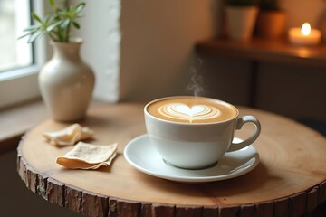 Fototapeta premium Cup Of Coffee With A Heart Shaped Latte Art On A Wooden Table, Lit By Soft Sunlight From A Nearby Window, Relaxation, comfort and simple pleasures