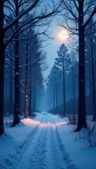 Naklejka premium Snowy forest with bare trees and snow-covered ground, illuminated by soft moonlight, snowy woods, snow