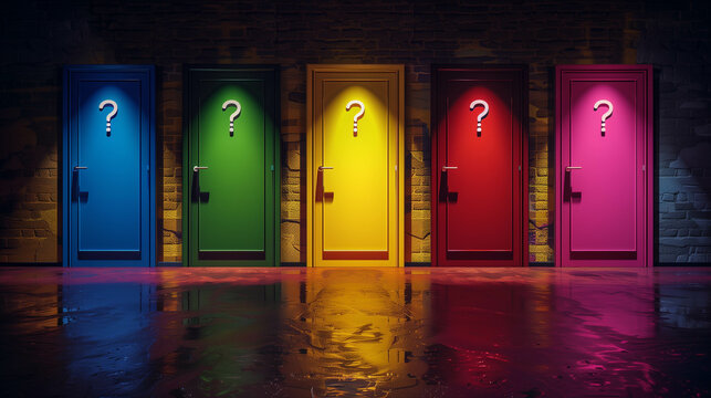 Row of multicolored doors with question marks symbolizing mystery, choice, and decision making