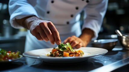 A chef plating a dish in a fine dining restaurant kitchen. Featuring artistry and gourmet cooking