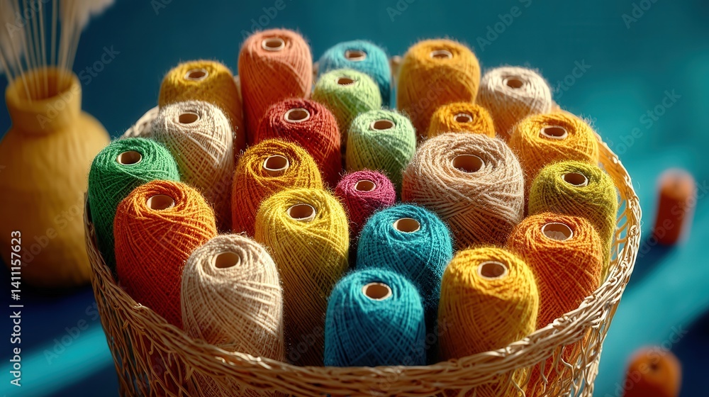 Aufkleber beautifully arranged basket filled with colorful yarn spools showcasing an array of textures and vib