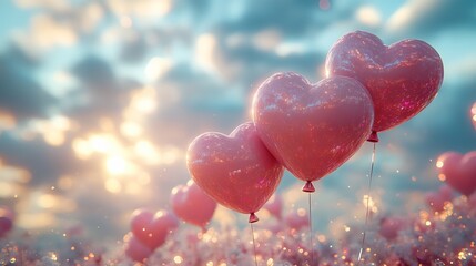 Pink heart shaped balloons floating in a dreamy sky with soft clouds and sparkling bokeh lights around them