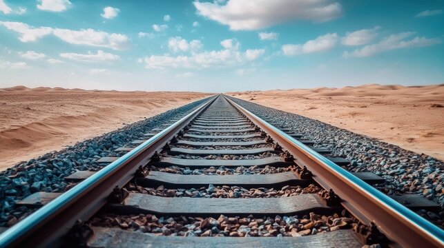 Railroad tracks extend through a desert environment under a cloudy sky