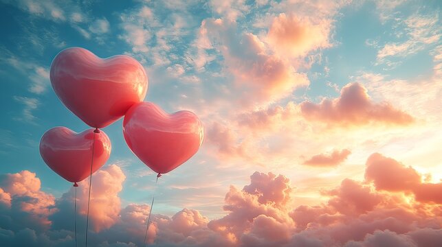 Three pink heart shaped balloons floating in a cloudy sky at sunset with a dreamy romantic feel
