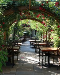 Obraz premium Charming Outdoor Dining Area with Rustic Decor and Floral Canopy
