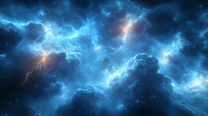 Fototapeta premium A breathtaking view of a blue nebula with lightning strikes and twinkling stars in the vast expanse of space