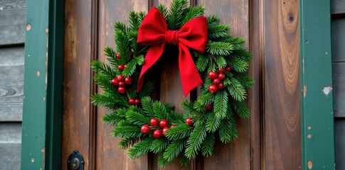 Simple yet elegant Christmas wreath on a rustic wooden door, holiday theme, Christmas party invitation