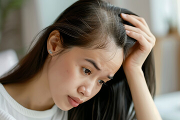 Fototapeta premium Close-up photograph of an Asian woman with thinning hair, her hand on her head and pointing to a balding spot, against a white background in a living room setting. 