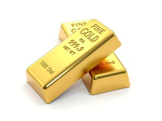 Two gold bars arranged in a crisscross manner on a white background, with engraved text indicating "FINE GOLD 999.9" and "NET WT 1000g," showcasing luxury and value.