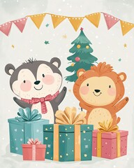 Obraz premium Adorable Cartoon Animals Celebrating Festive Season with Gifts