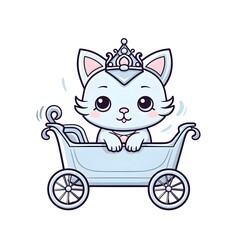 Cute cartoon kitten princess with a crown and carriage