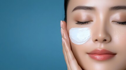 Minimalist skincare scene with a woman applying product