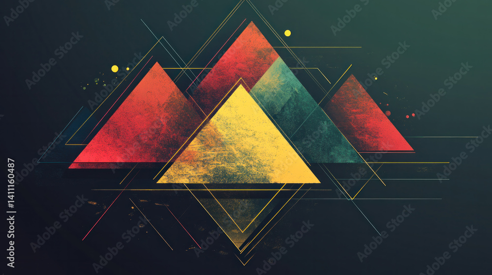 Poster a colorful abstract design of triangles and squares. the colors are red, yellow, and blue. the desig