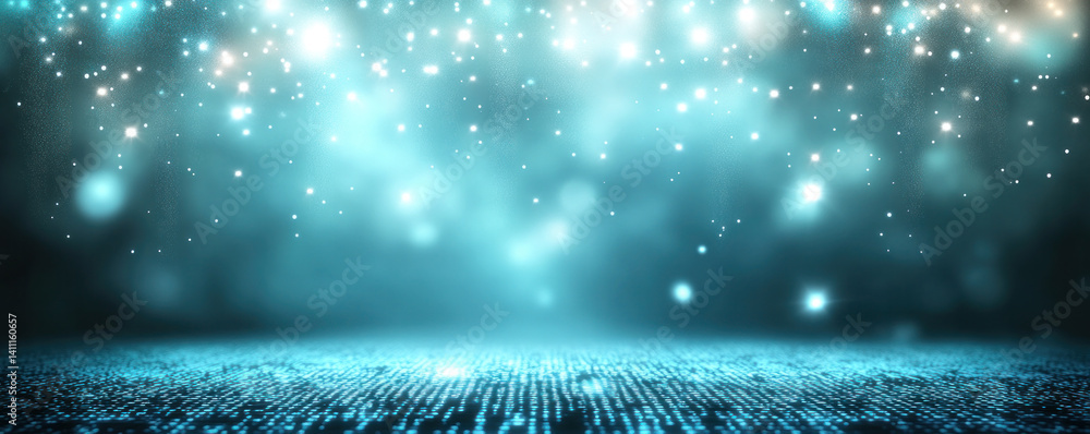 Poster a blue background with a lot of white sparkles. the background is a deep blue color, and the sparkle