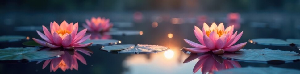 Softly glowing water lilies on serene lake surface, texture, waterlilies