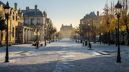 Fototapeta premium Snowy European Town Street At Sunrise