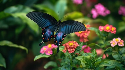 Fototapeta premium A Beautiful Butterfly Displays Its Wings Among Blooming Flowers